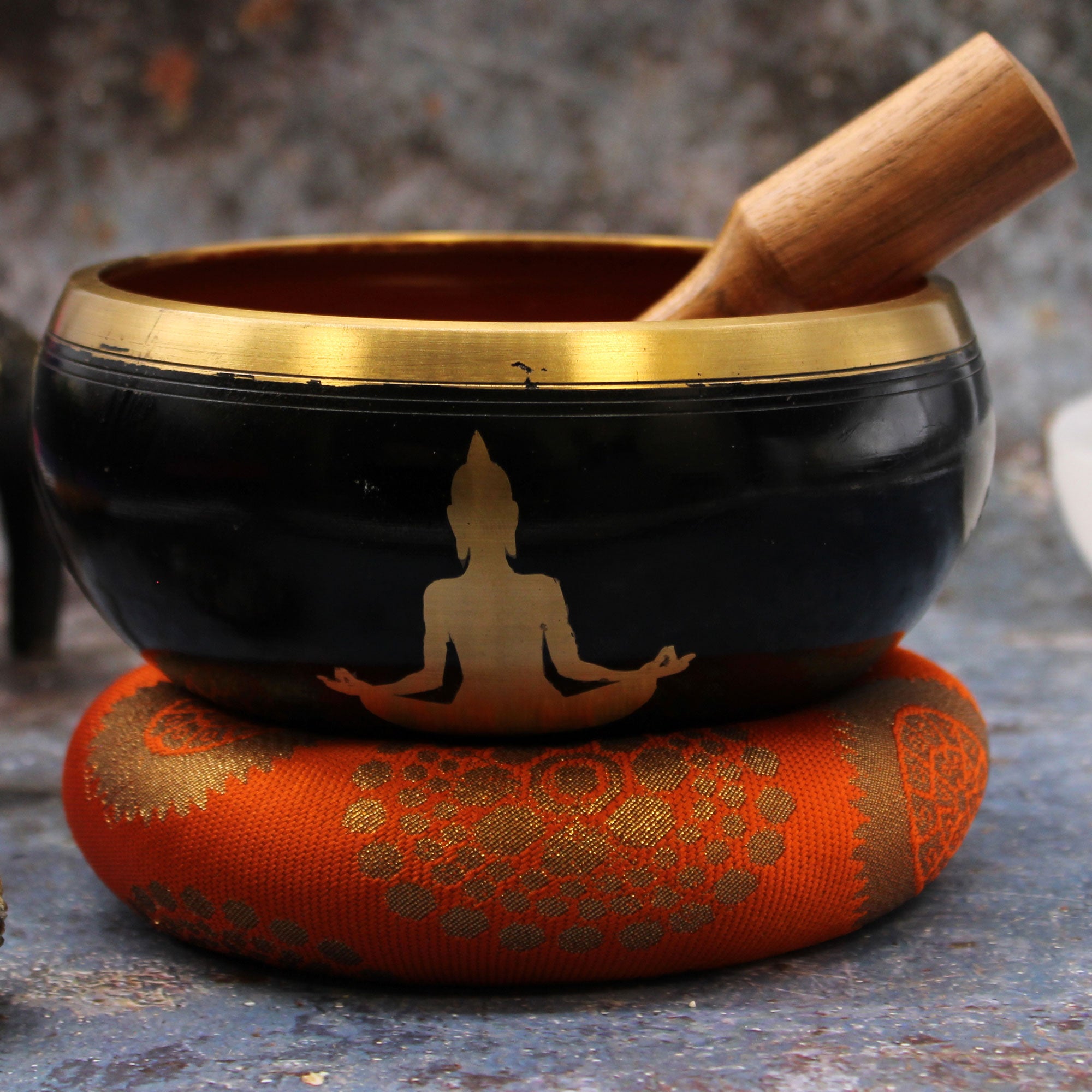 Lrg Buddha Singing Bowl Set- Black/Orange 14cm